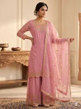 Beautiful Pink Net & Georgette Sharara Suit (3-Piece Set) with Embroidery XL